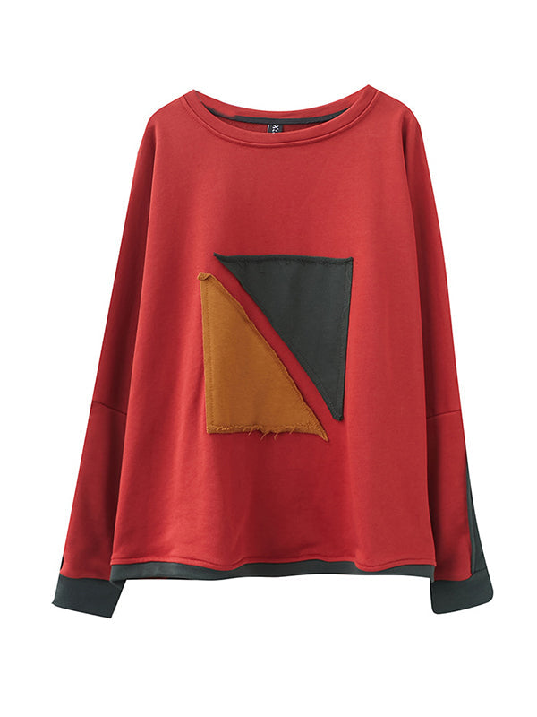 Artistic Retro Loose Triangle Applique Contrast Color Round-Neck Long Raglan Sleeves Sweatshirt