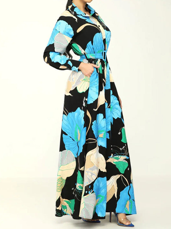 A-Line High Waisted Belted Buttoned Flower Print Lapel Maxi Dresses