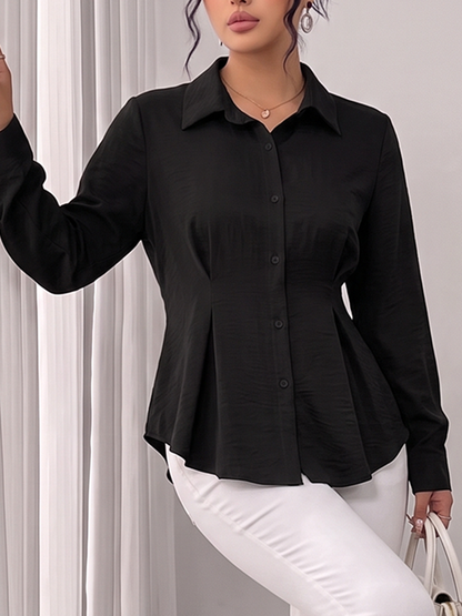 Tied Split-Joint Solid Color Pockets Pleated Buttoned Long Sleeves Lapel Blouses&Shirts Tops