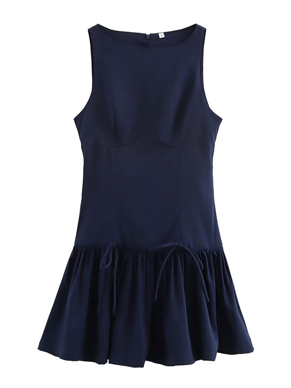 A-Line Loose Pleated Solid Color Split-Joint Zipper Round-Neck Mini Dresses