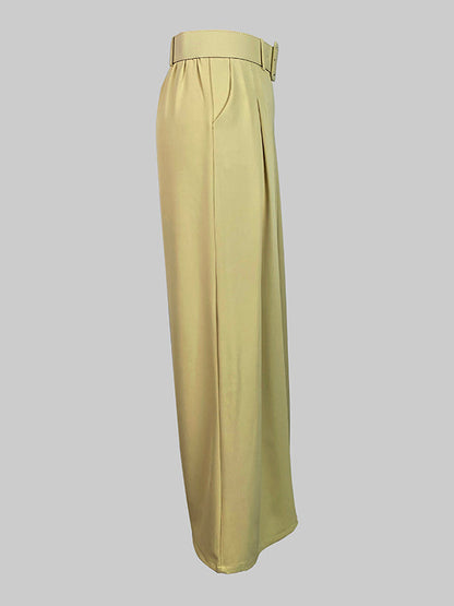 Loose Wide Leg Belted Pleated Solid Color Casual Pants Bottoms