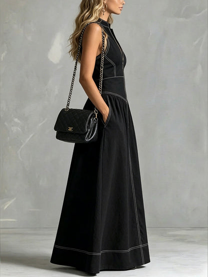 A-Line High Waisted Pleated Pockets Solid Color Zipper Stand Collar Maxi Dresses