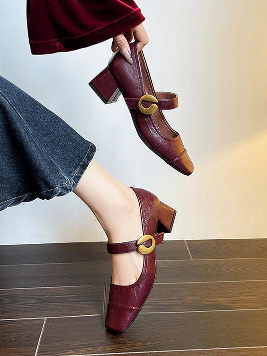 Belt Buckle Shallow Cut Split-Joint Square-Toe Pumps