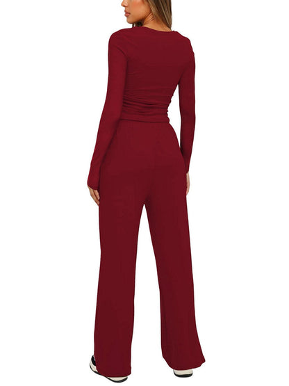 Solid Color Pleated Round-Neck T-Shirts Tops +  Elasticated Waist High Waisted Drawstring Pants Two Pieces Set