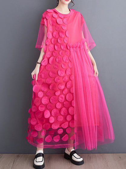 Loose Short Sleeves Asymmetric Gauze Split-Joint Round-Neck Midi Dresses