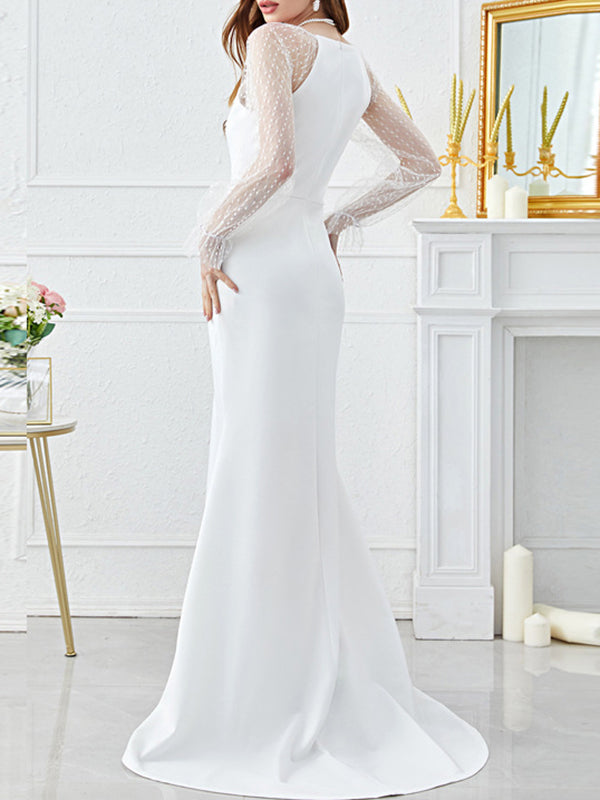 Long Sleeves Mermaid Gauze Split-Joint V-Neck Maxi Dresses