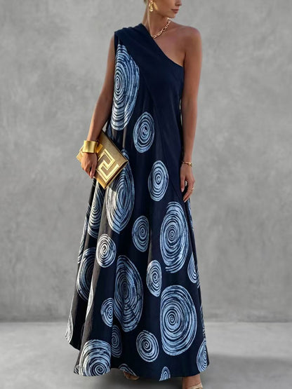 A-Line Loose Contrast Color Pleated Printed Split-Joint One-Shoulder Maxi Dresses