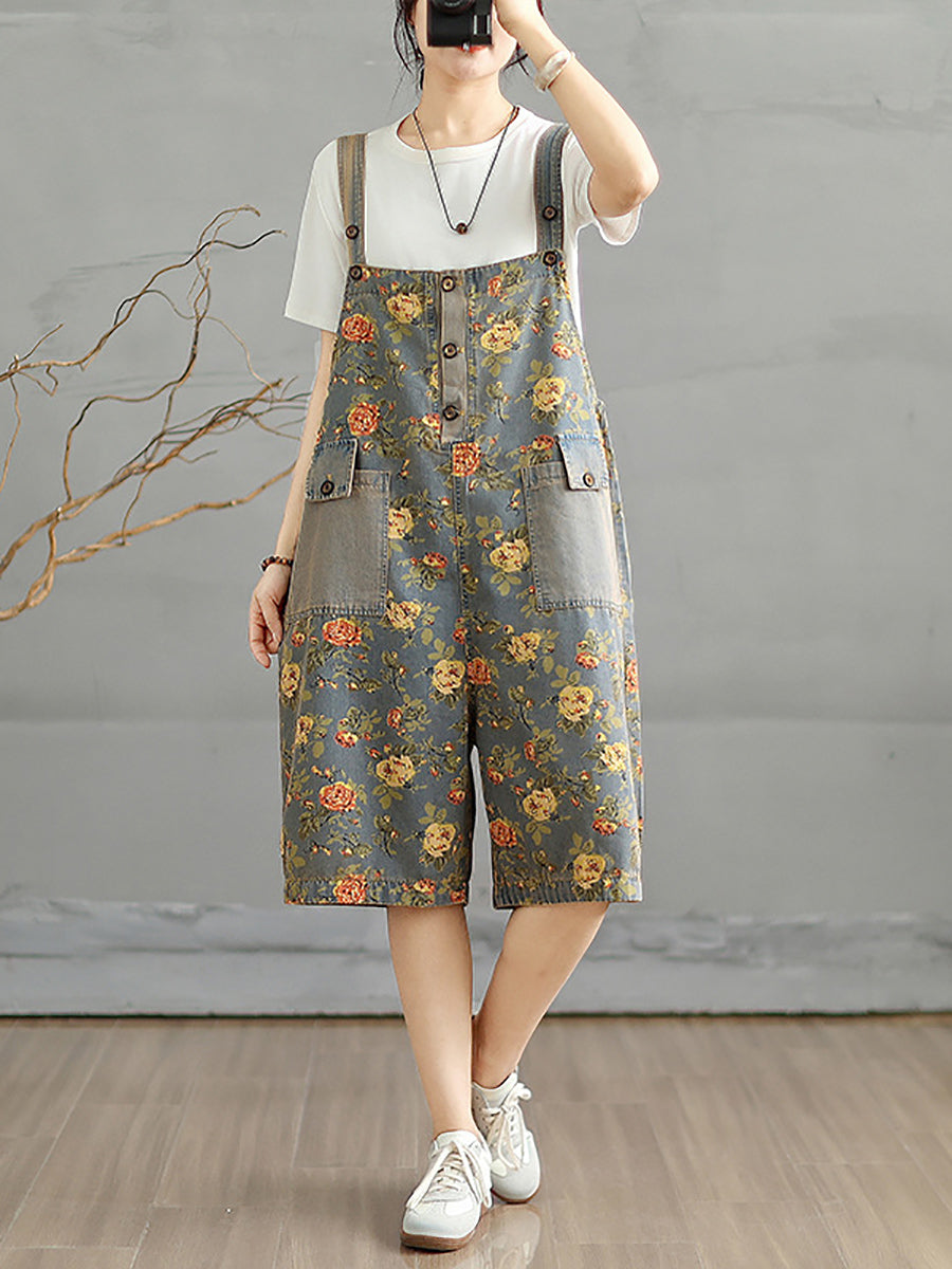 Women Summer Artsy Flower Denim Short Jumpsuits