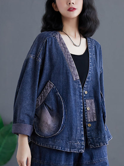 Women Retro Spring Spliced Big Pocket Denim Coat