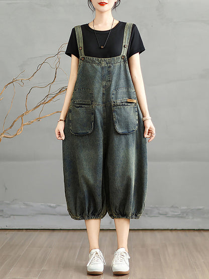 Women Summer Worn Pure Color Denim Cropped Jumpsuits