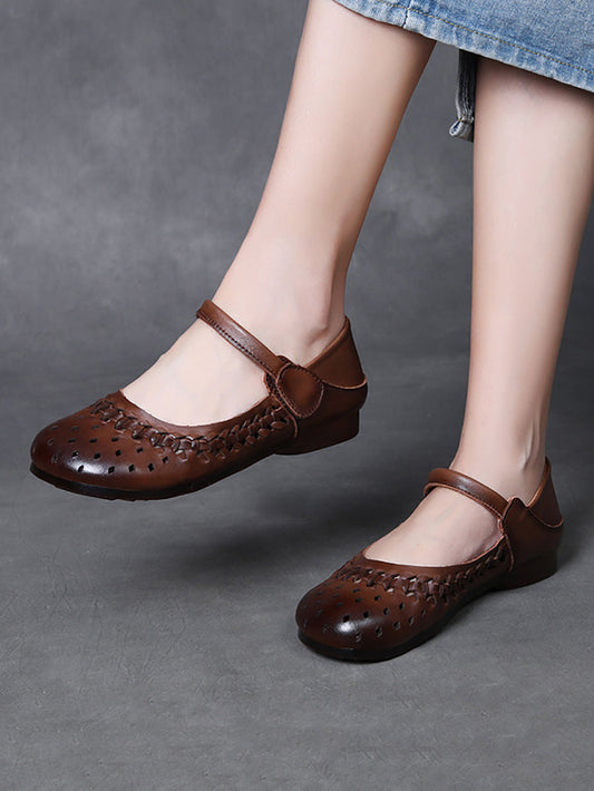 Women Vintage Leather Hollow Out Low Heel Shoes