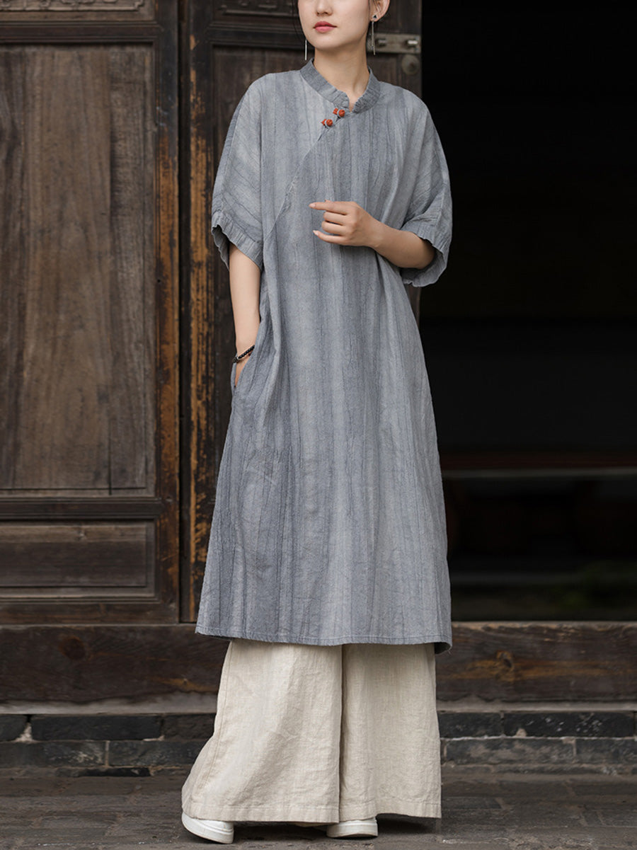 Women Summer Artsy Tie-dye Stand Collar Ramie Dress