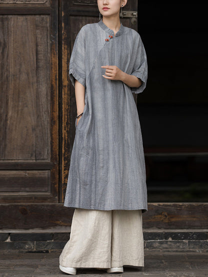 Women Summer Artsy Tie-dye Stand Collar Ramie Dress