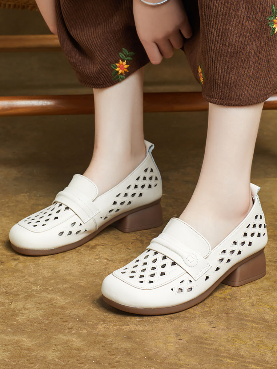 Women Summer Leather Hollow Out Mid Heel Shoes