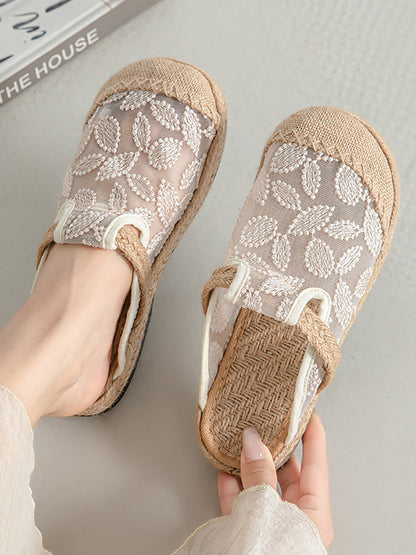 Women Summer Ethnic Linen Flower Embroidery Flat Shoes