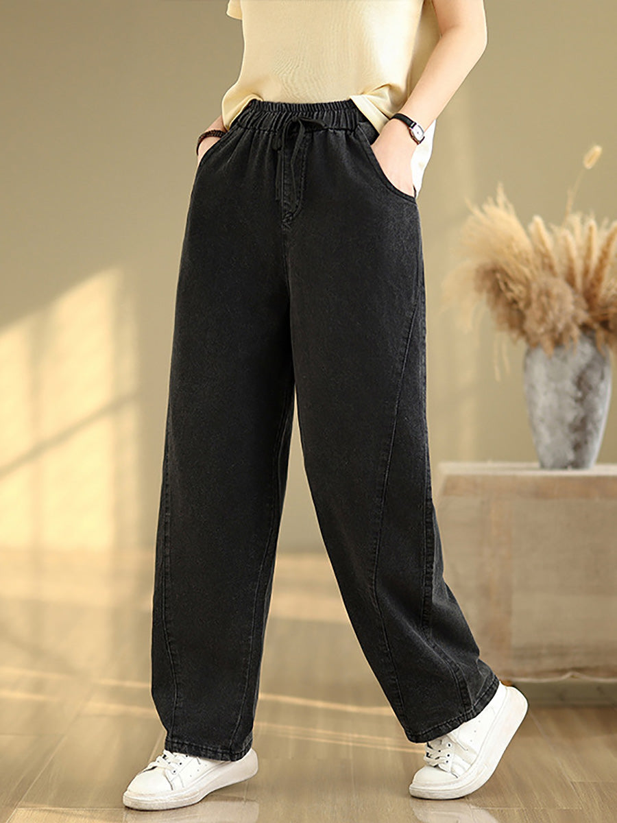 Women Casual Pure Color Denim Spliced Straight Pants