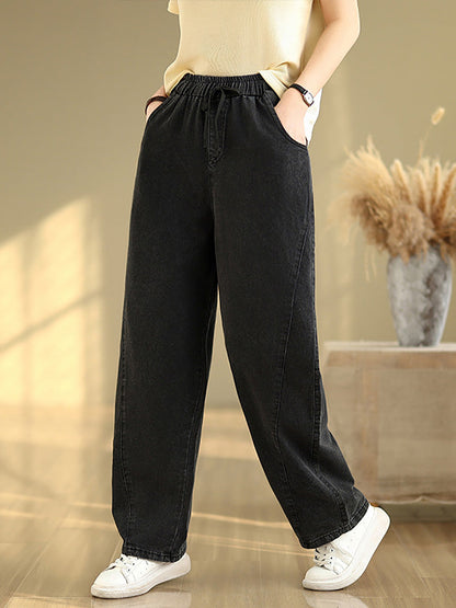 Women Casual Pure Color Denim Spliced Straight Pants
