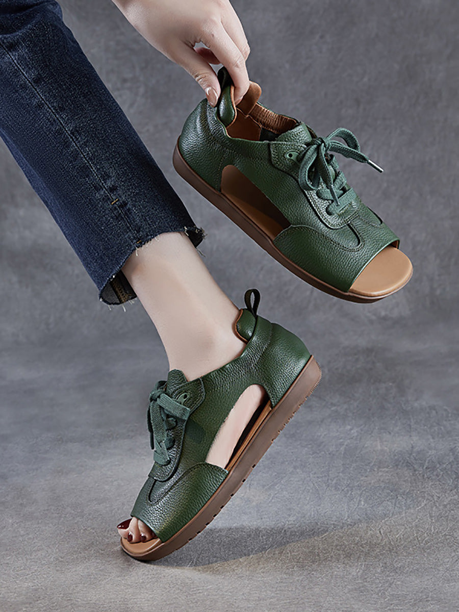 Women Summer Genuine Leather Open Toe Flat Sandals