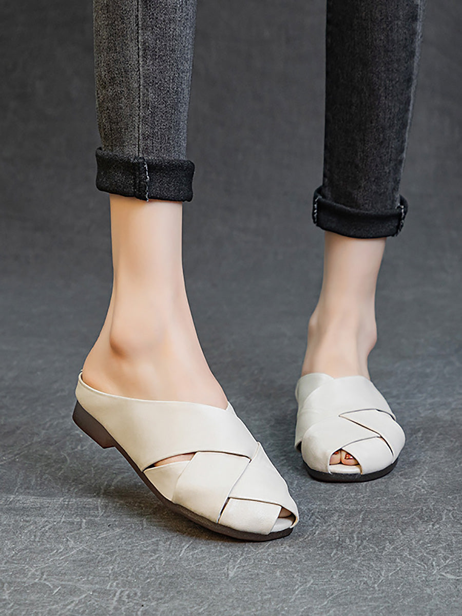 Women Summer Soft Leather Low Heel Weave Slippers