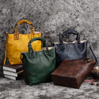 Vintage Solid Genuine Leather Handbag For Women