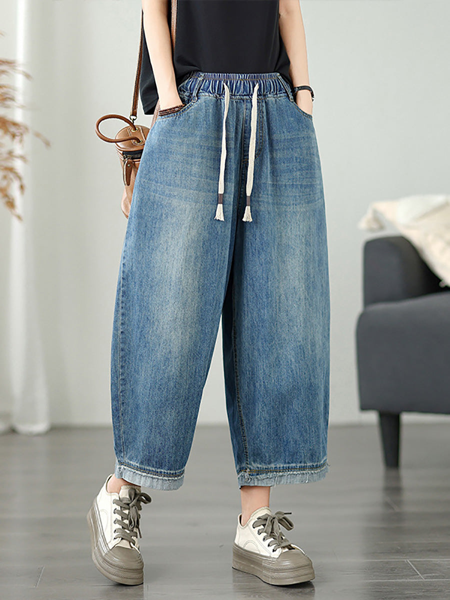 Women Casual Summer Pure Color Denim Wide-leg Pants