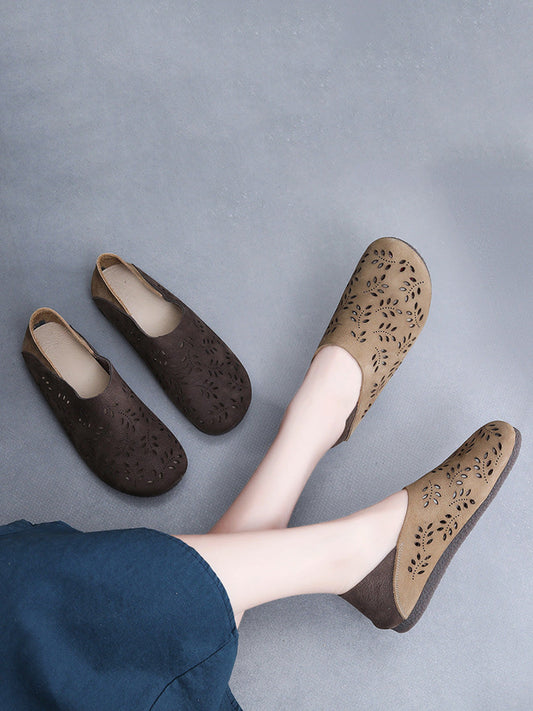 Women Vintage Colorblock Cutout Leather Shoes