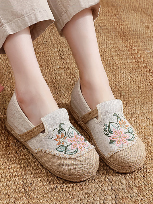 Women Summer Artsy Flower Embroidery Flat Shoes