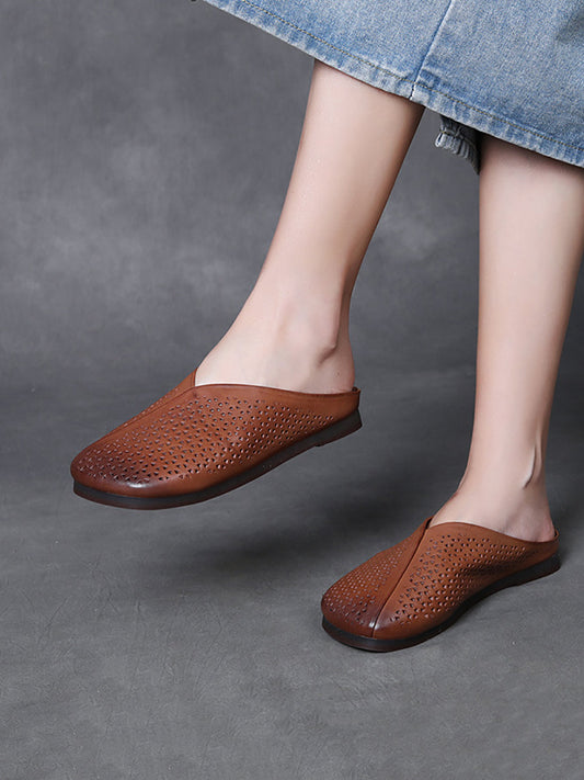 Women Summer Vintage Hollow Out Leather Flat Slippers