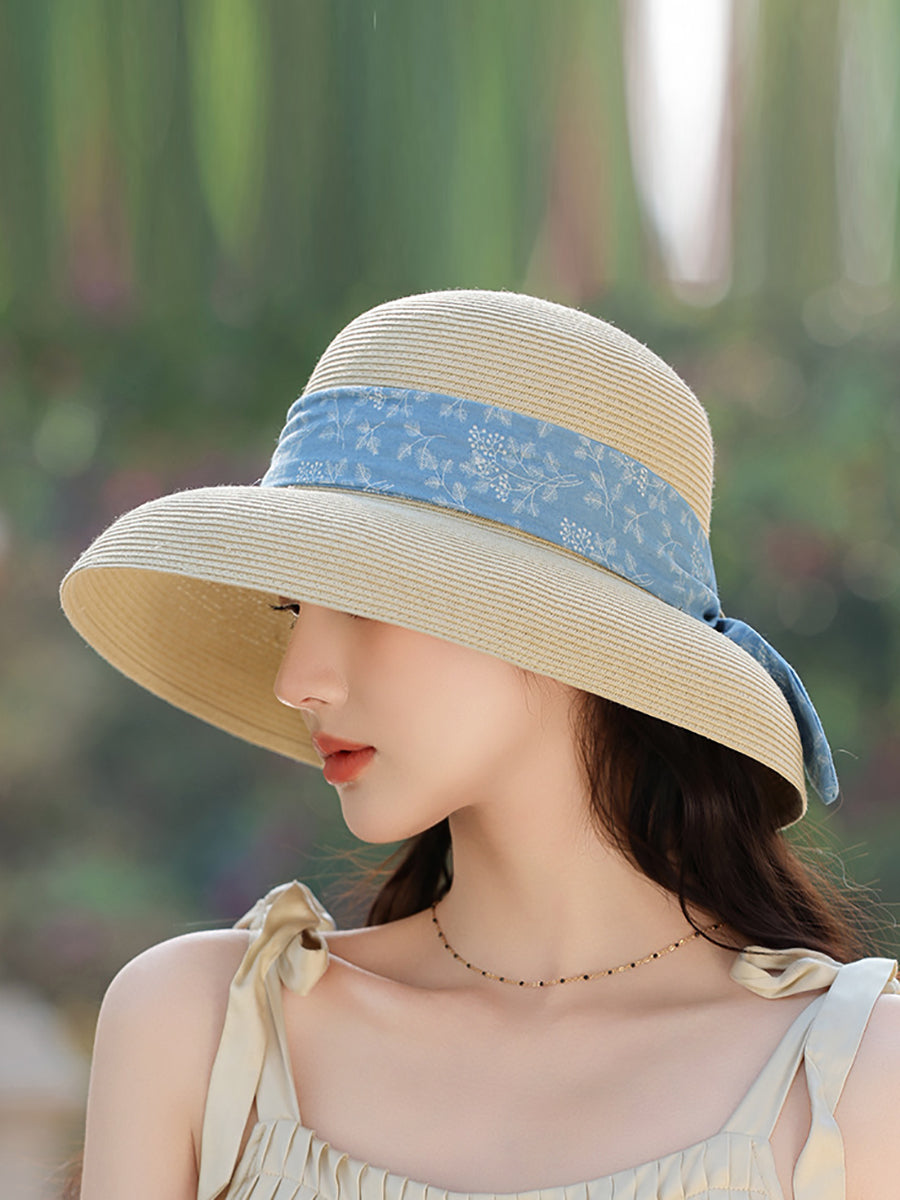 Women Summer Straw Lacing Bucket Hat