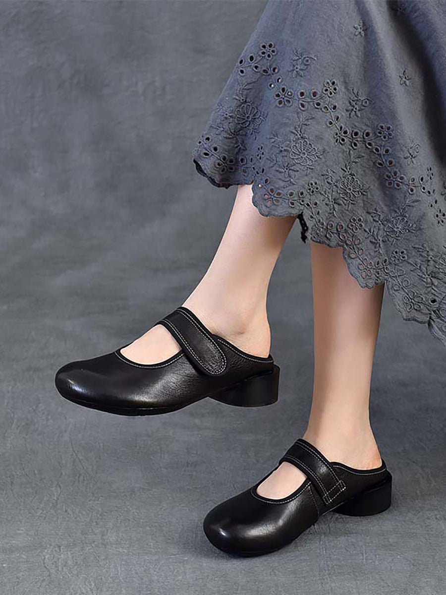 Women Artsy Genuine Leather Mary Jane Low Heel Slippers