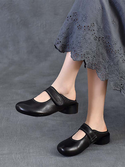 Women Artsy Genuine Leather Mary Jane Low Heel Slippers