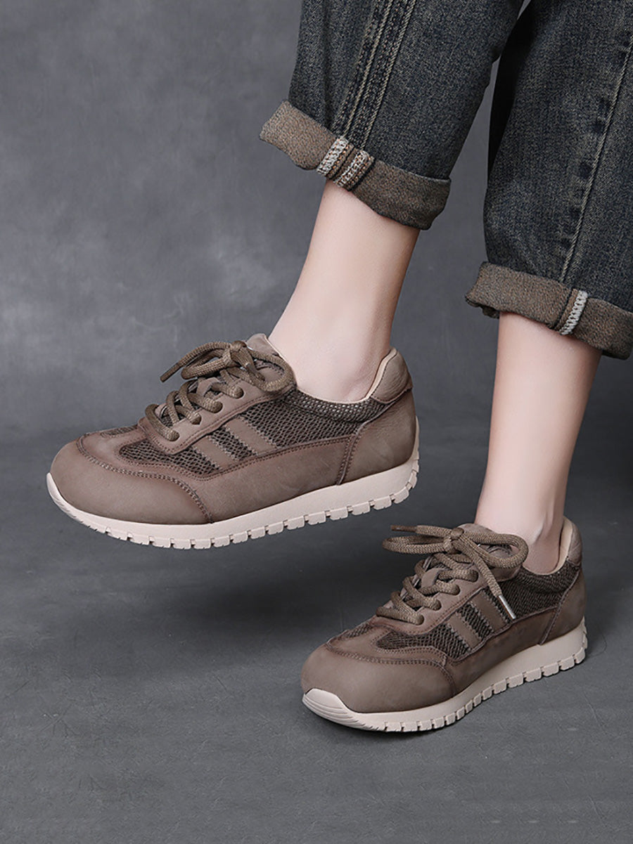 Women Casual Genuine Leather Spliced Flat Sport Shoes