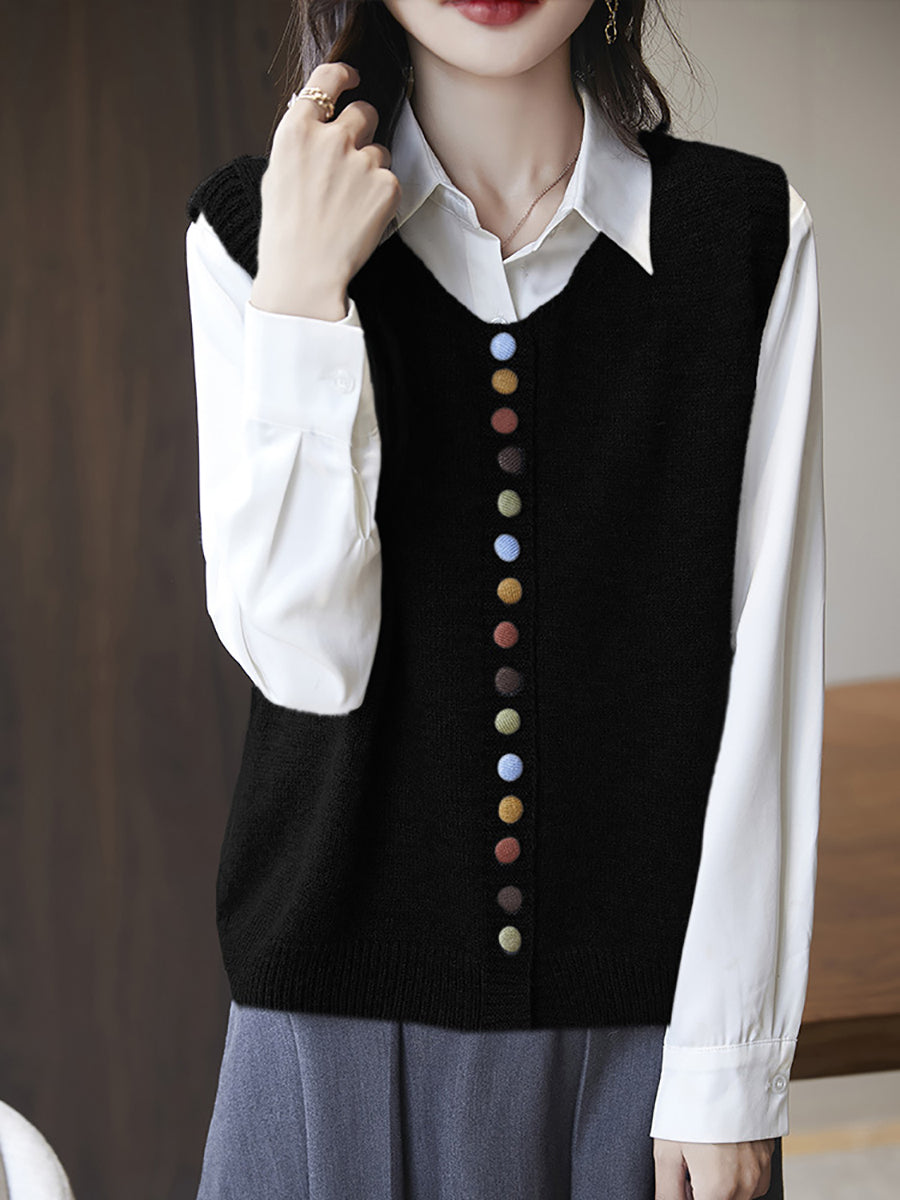 Women Casual Autumn O-Neck Colorful Button Knit Vest