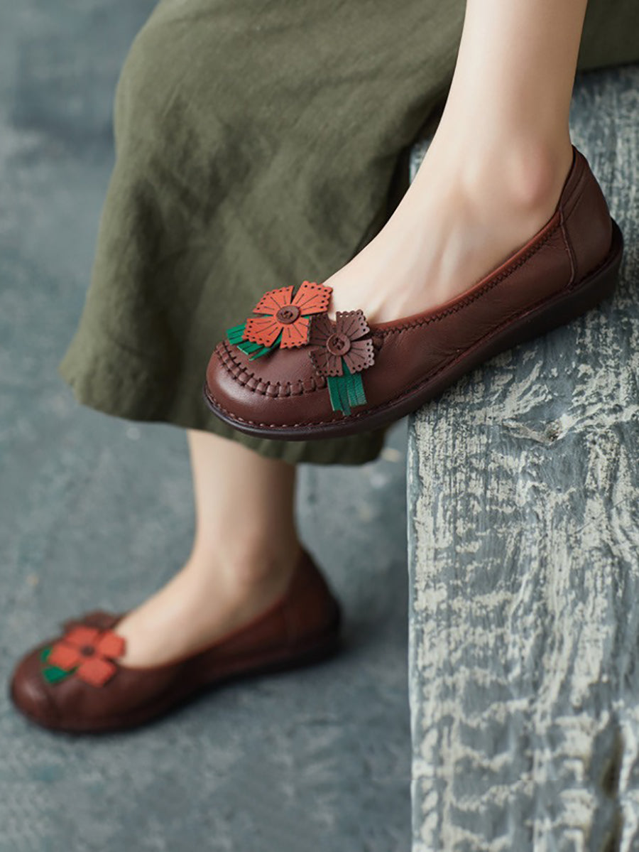 Women Spring Leather Flower Spliced Low Heel Shoes