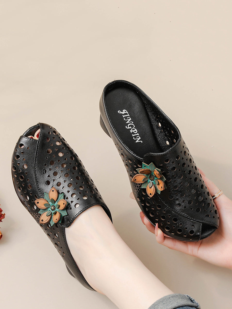 Women Summer Genuine Leather Flower Mid Heel Slippers