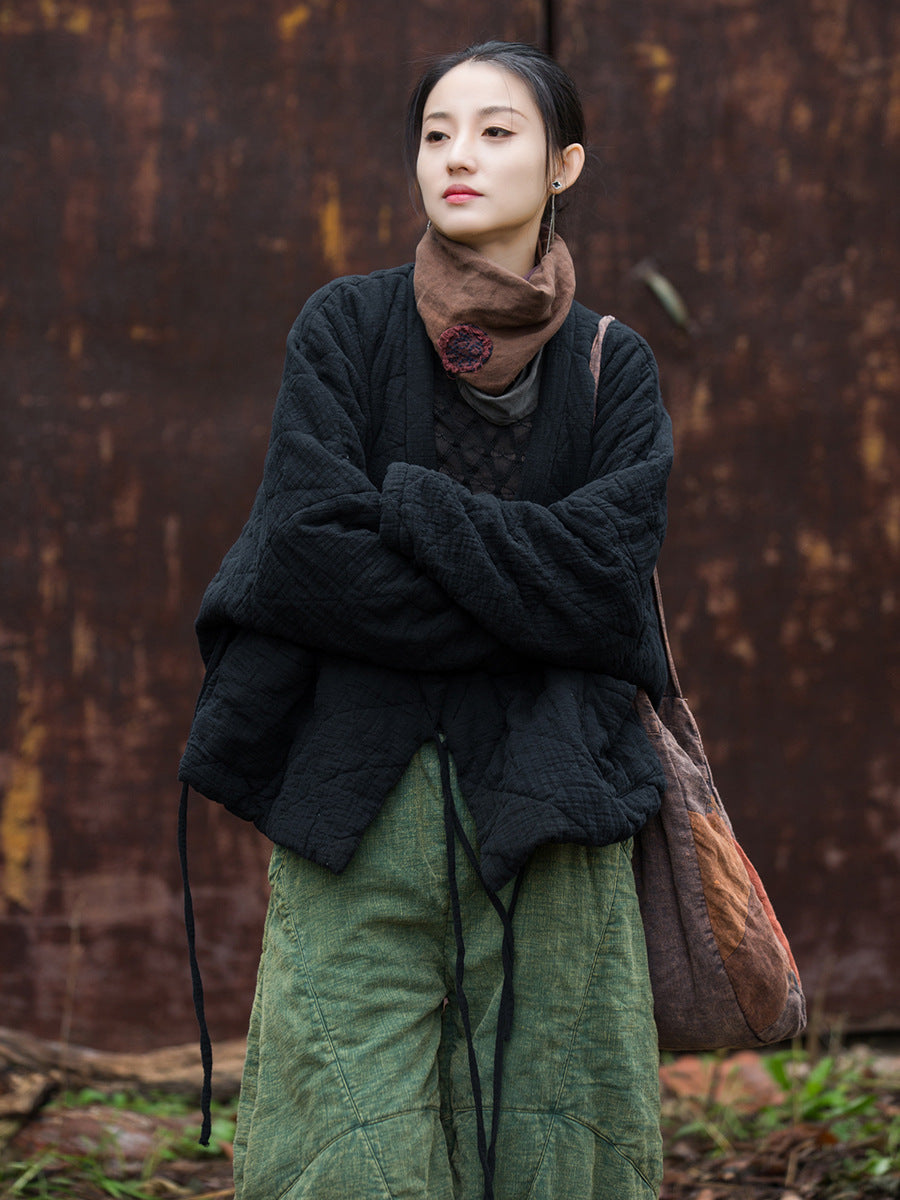 Women Winter Artsy Pure Color V-Neck Padded Coat