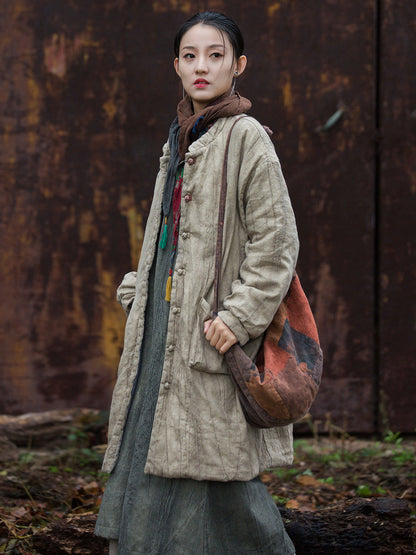 Women Winter Ethnic Solid Ramie Padded Long Coat