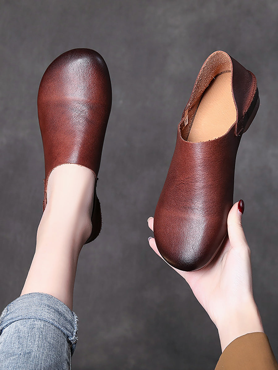 Women Retro Soft Leather Spliced Solid Low-Heel Shoes