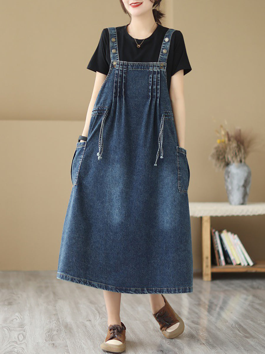 Plus Size Women Summer Retro Pleat Drawstring Pocket Denim Dress