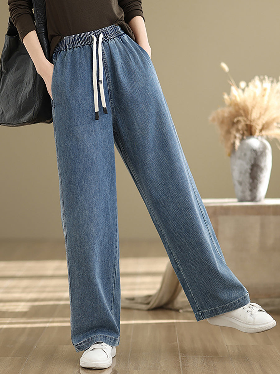 Plus Size Women Spring Casual Pure Color Denim Straight Pants