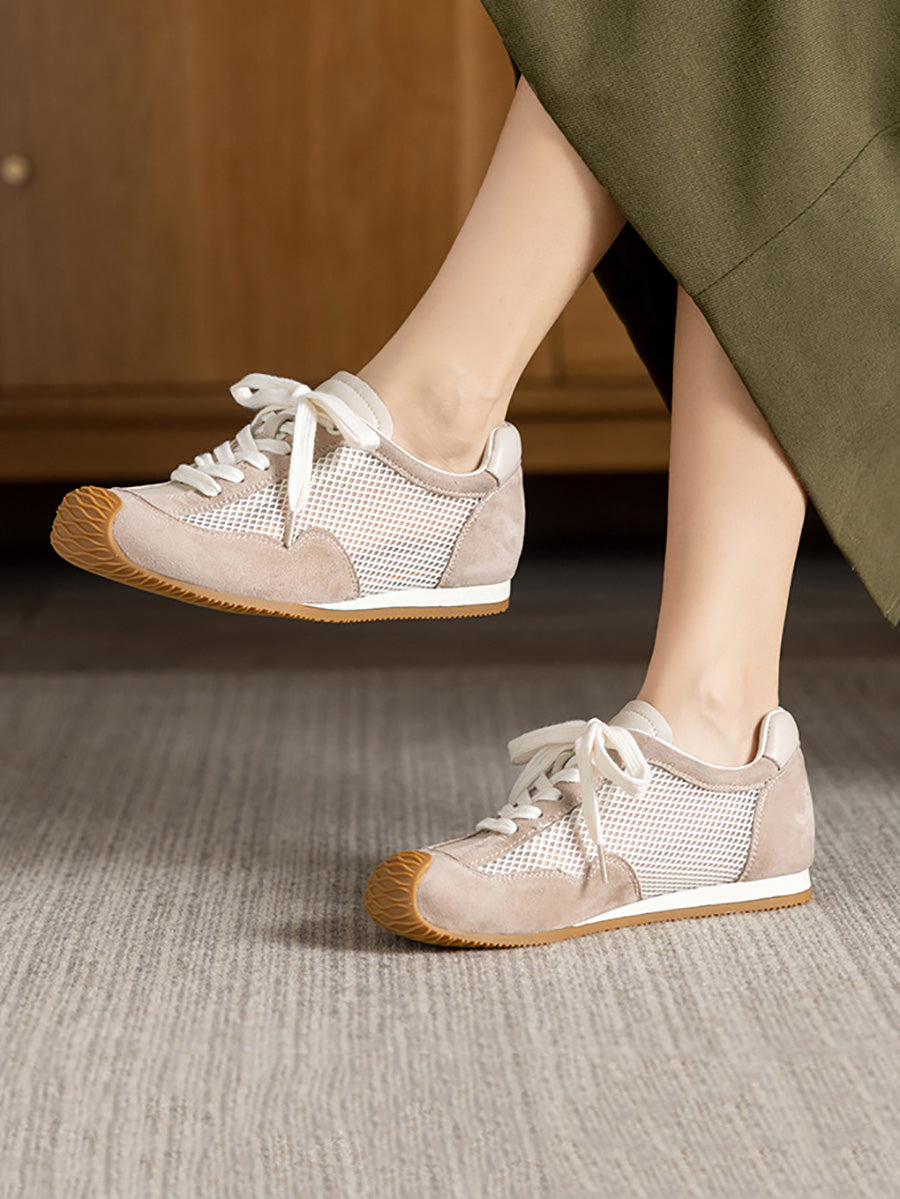 Women Summer Vintage Leather Spliced Mesh Shoes