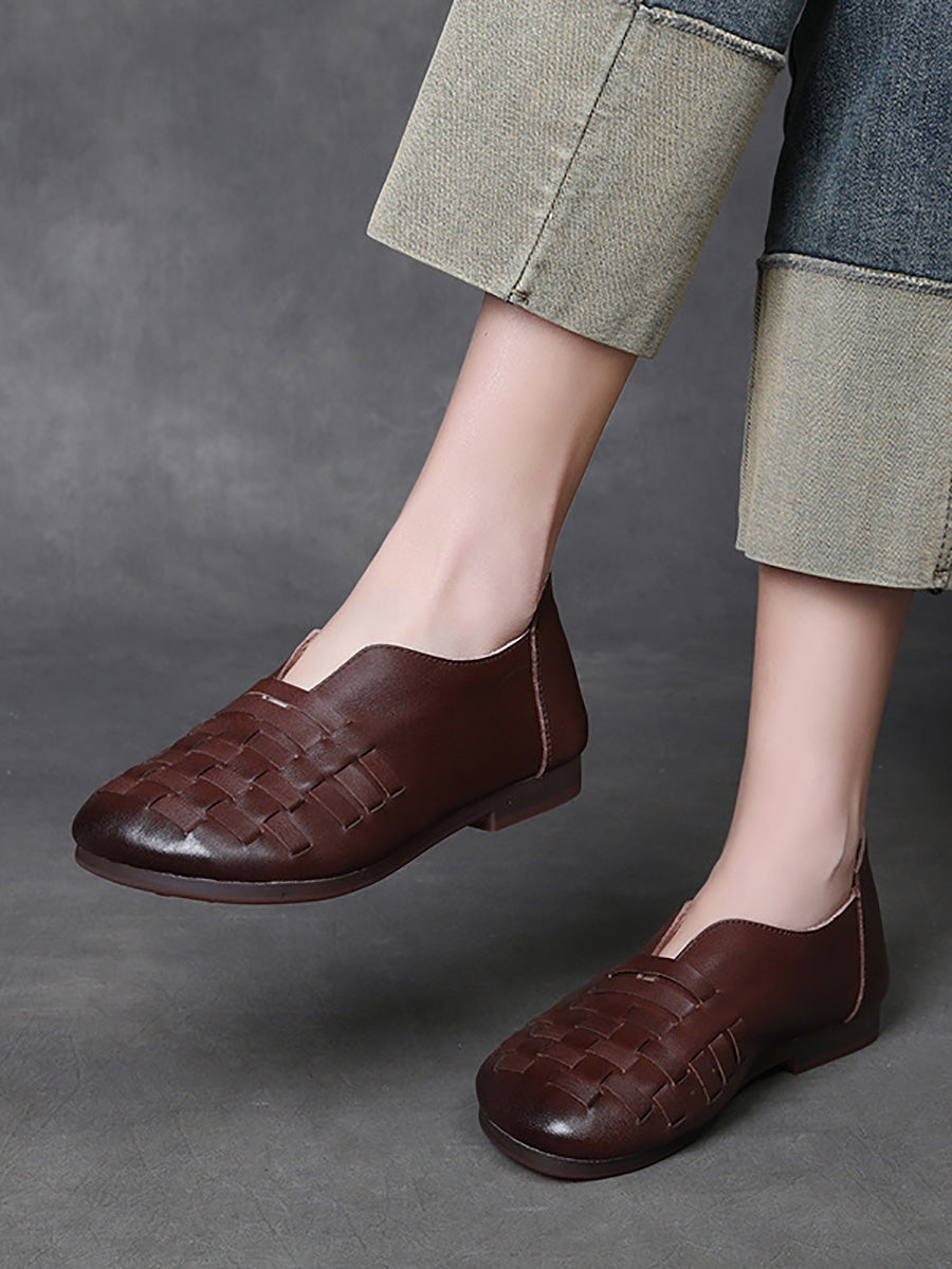 Women Retro Leather Weave Low Heel Shoes