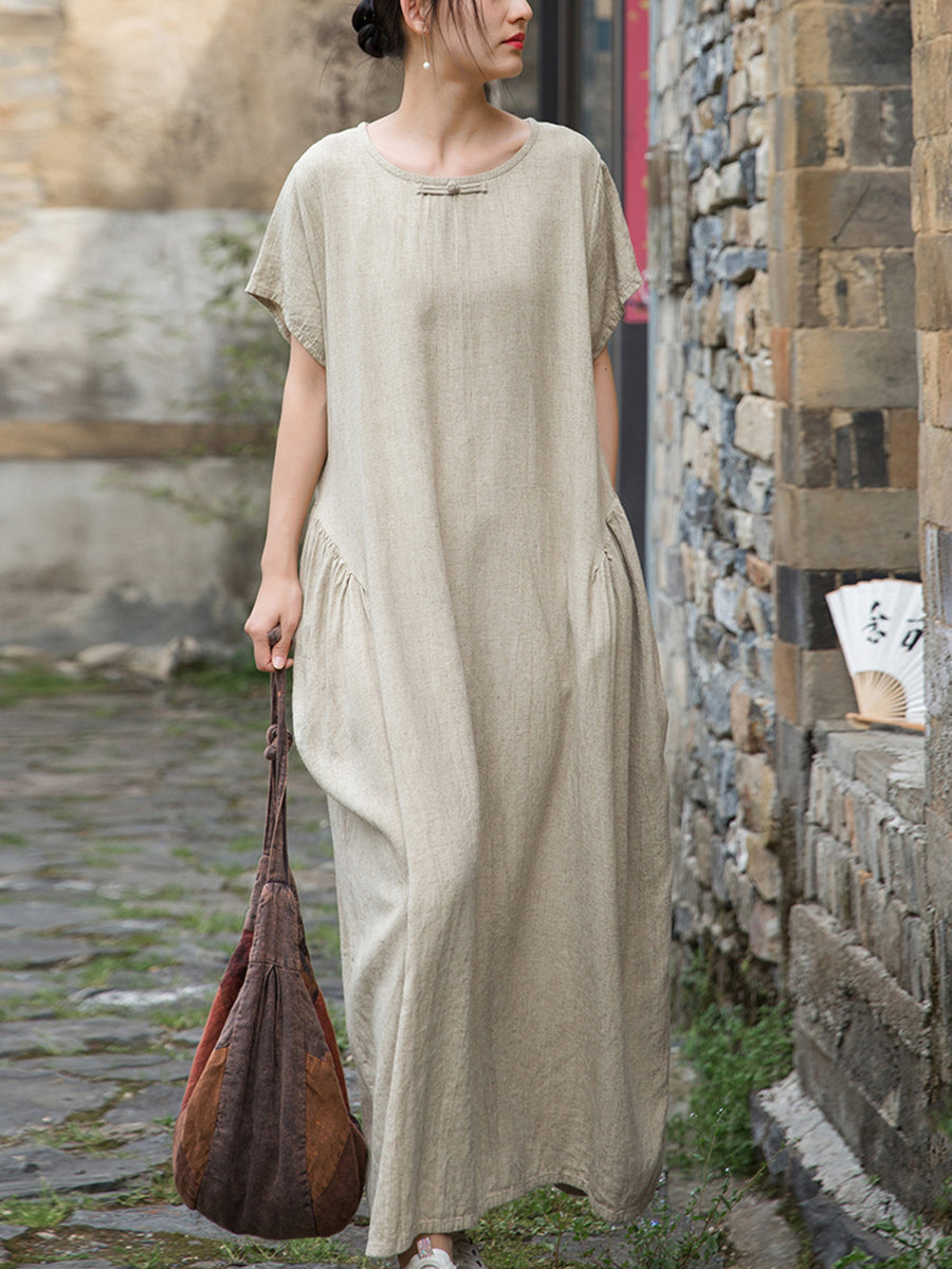 Women Summer Artsy Pure Color O-Neck Linen Dress