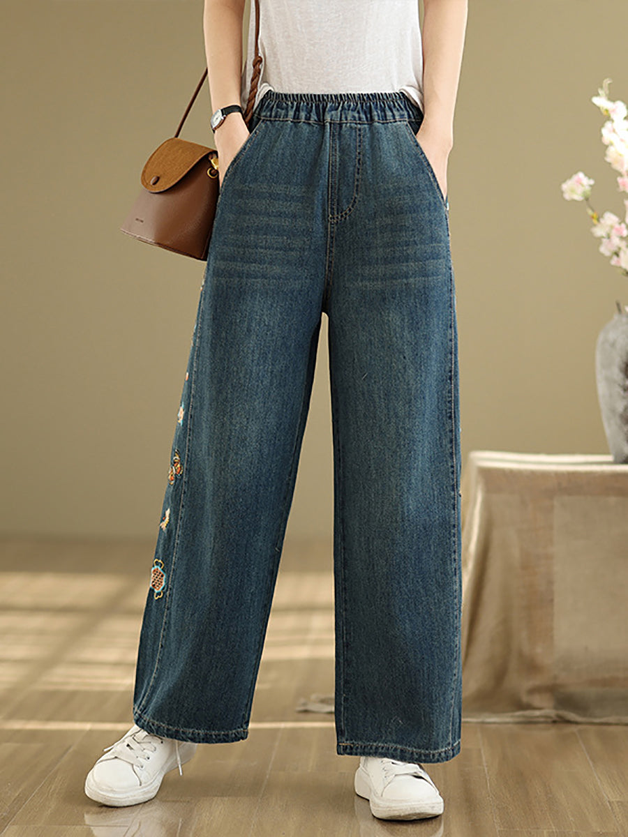 Women Retro Embroidery Denim Wide-leg Pants