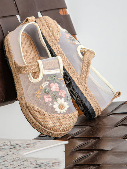 Women Summer Artsy Flower Embroidery Linen Slippers