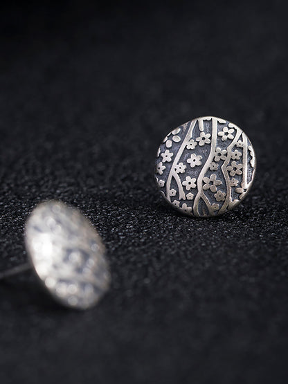 Women Vintage Silver Flower Carve Round Earrings