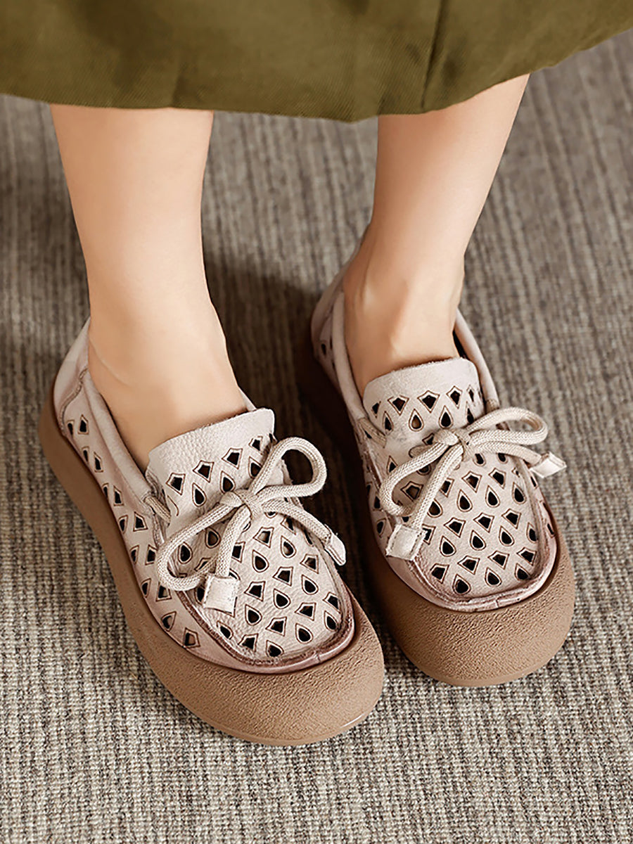 Women Summer Genuine Leather Hollow Out Flat Shoes