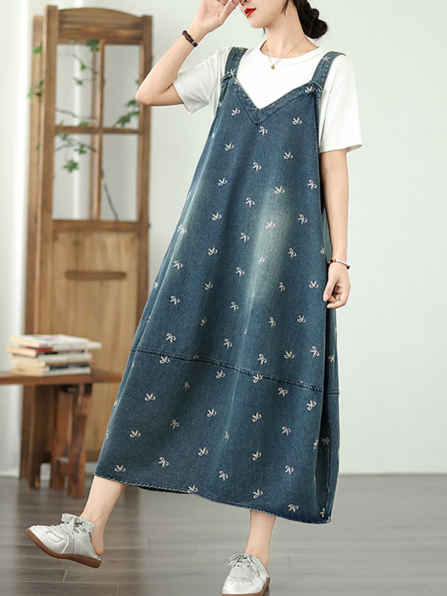 Women Summer Bowknot Embroidery Denim Overall Dress