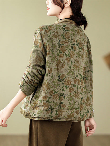 Plus Size Women Retro Floral Spliced V-Neck Padded Jacket
