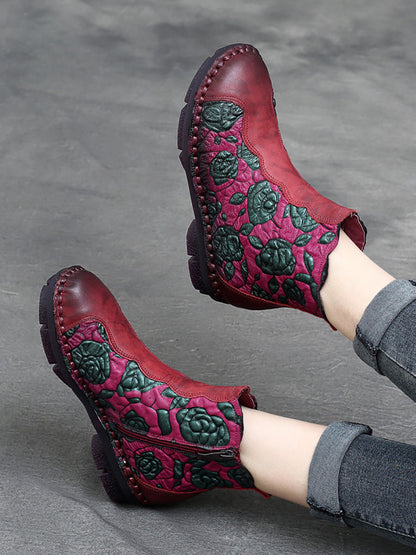 Women Retro Flower Leather Spliced Zipper Low Heel Boots